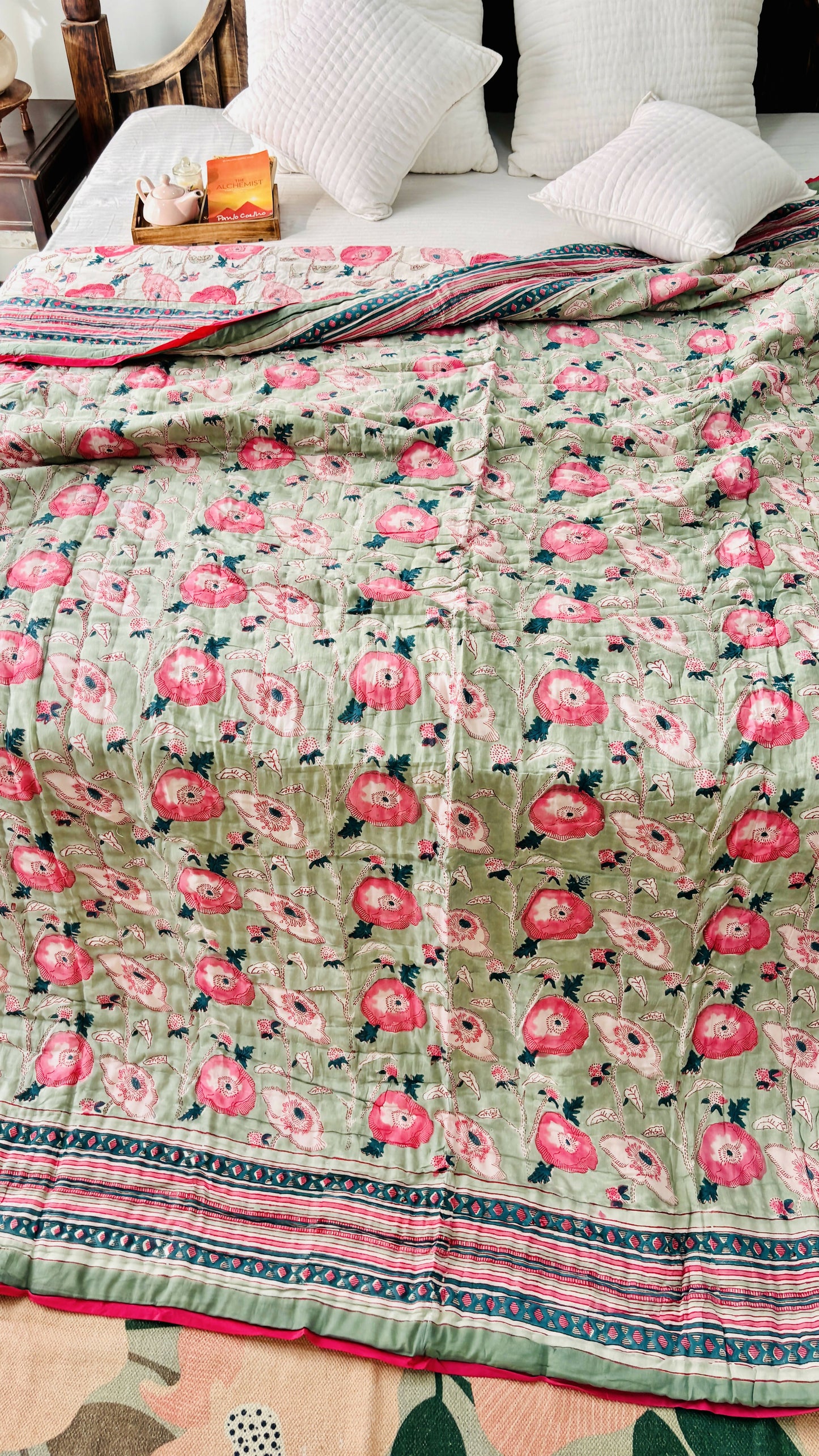 Tea Green Hand Block Print Reversible Quilt