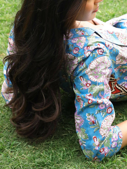 Blue Floral Blazer and Shorts Set (with Red Chevron Accents)