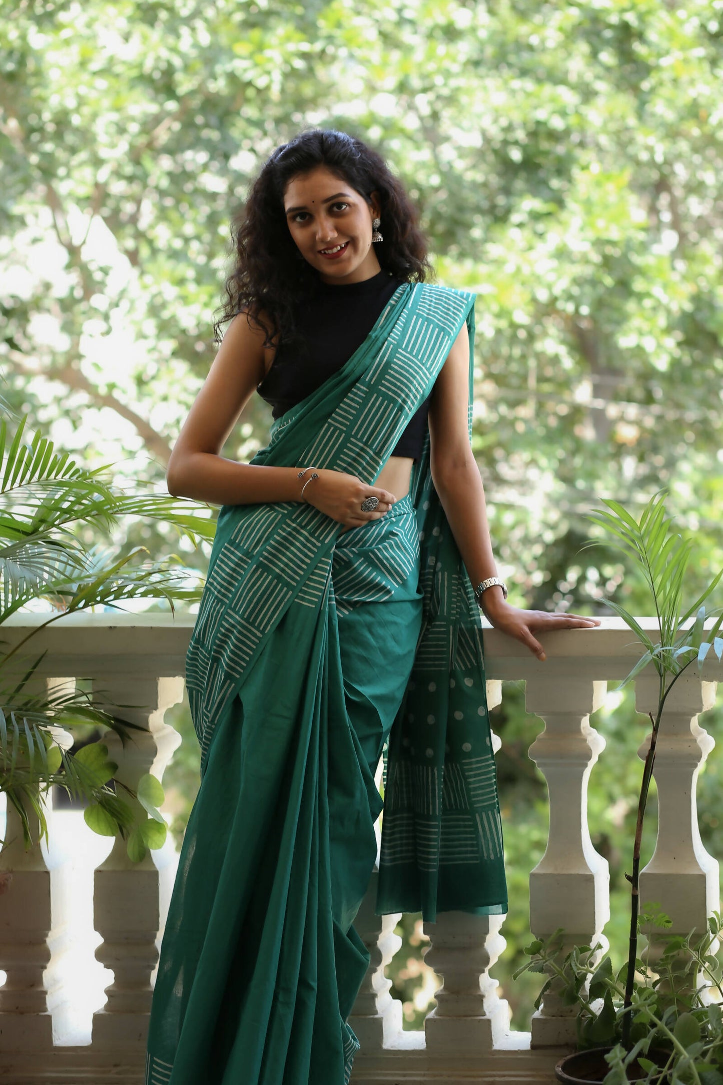 Lady in Green - Hand Block Print Mulmul Cotton Bagru Saree