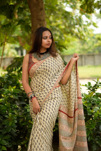 Desert Pine  - Hand Block Print Mulmul Cotton Bagru Saree