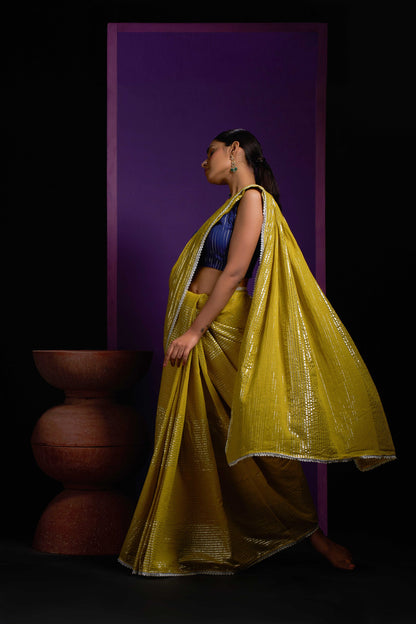 Yellow Shine Silver Gota Lace Saree