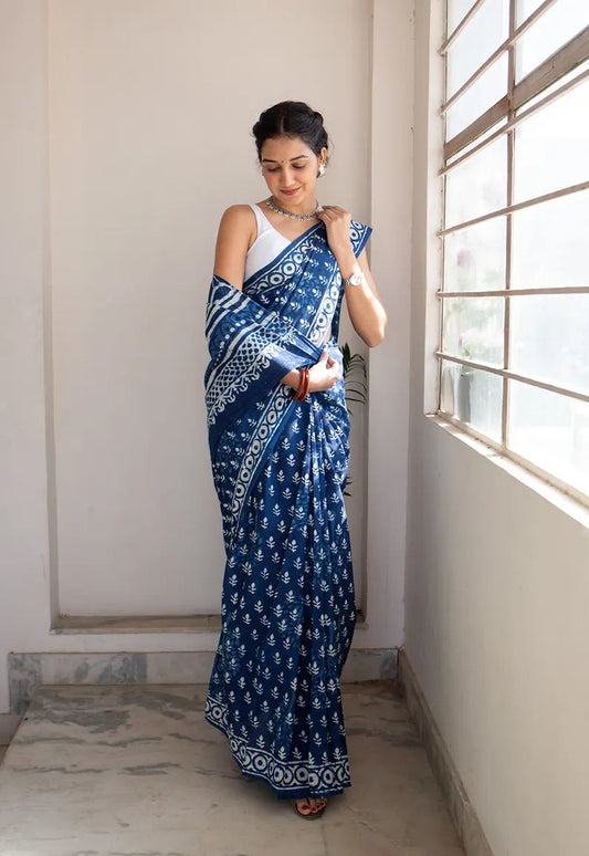 Bombay Indigo - Dabu Hand Block Print Mulmul Cotton Bagru Saree