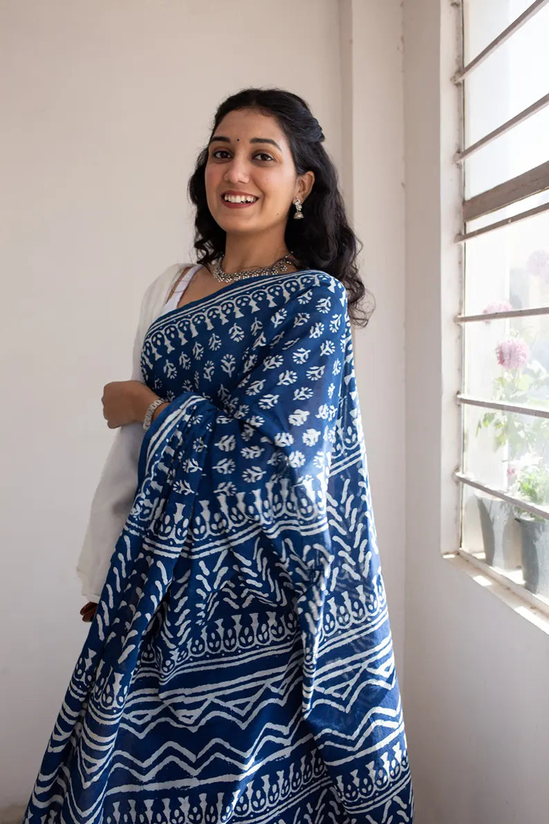 SAREE SARI JAIPURI WOMEN MULMUL BLUE & WHITE COTTON SAREE WITH UNSTICHED  BLOUSE | eBay