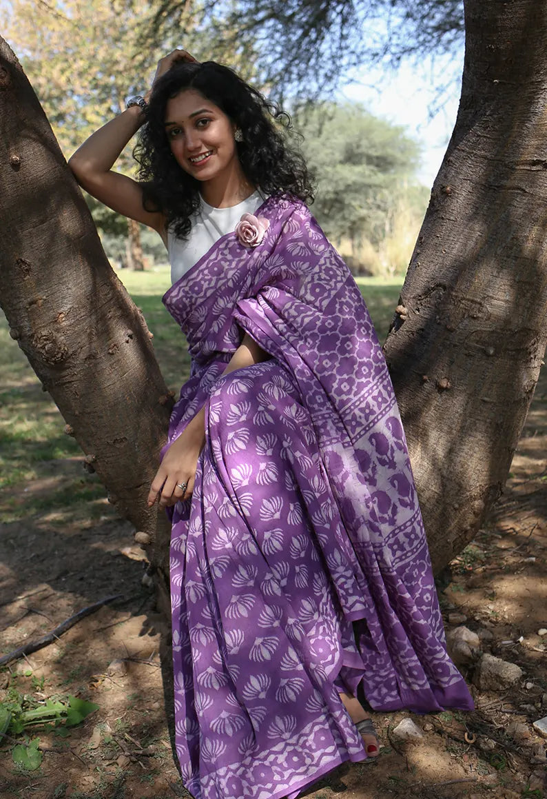 Wild Violet - Dabu Hand Block Print Mulmul Cotton Bagru Saree