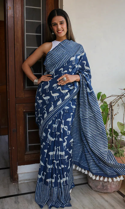 Indigo Flamingoes - Dabu Hand Block Print Mulmul Cotton Bagru Saree