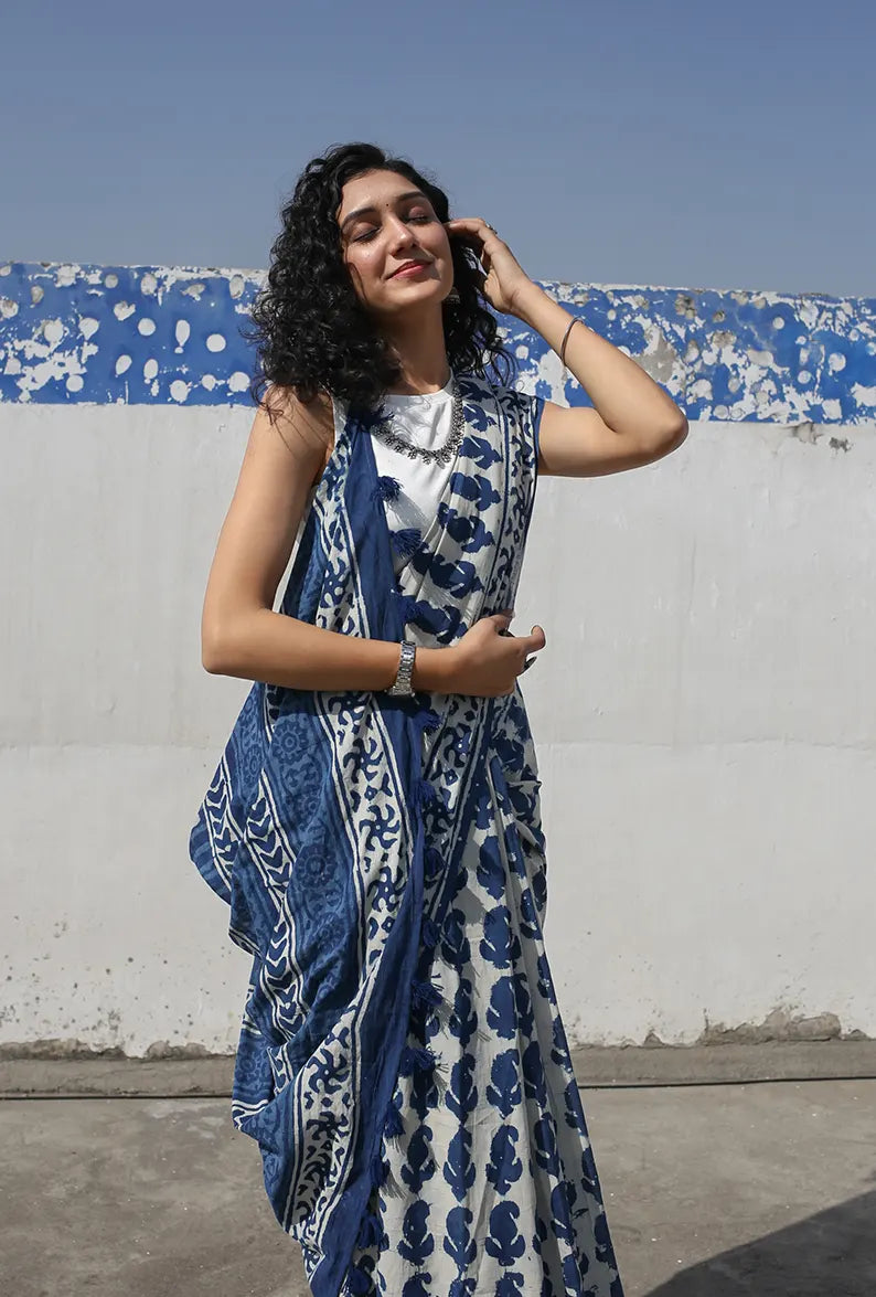 Indigo Paisley - Dabu Hand Block Print Mulmul Cotton Bagru Saree