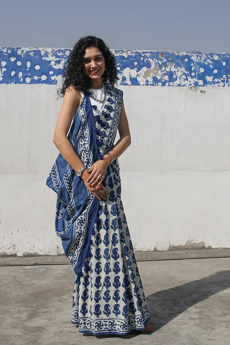 Mul Mul Cotton Bagru Worli Pattern Hand Block Printed Saree | Kishori