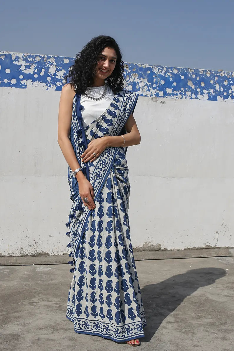 Linen Cotton Bagru Hand-Block Printed Saree-Indigo