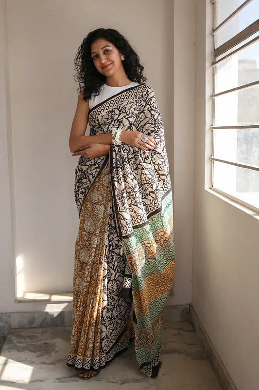 Spring Garden - Dabu Hand Block Print Mulmul Cotton Bagru Saree