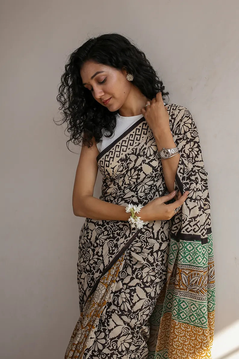 Indigo Dabu Traditional Floral Hand Block Printed Pure Kota Doria Sare –  Fabric Pandit