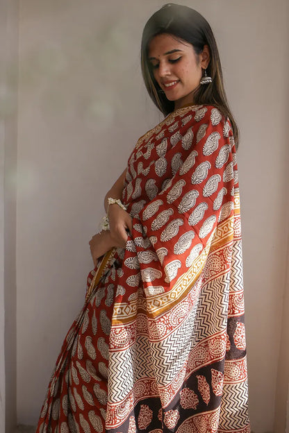 Princess in Red - Dabu Hand Block Print Mulmul Cotton Bagru Saree