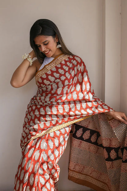 Princess in Red - Dabu Hand Block Print Mulmul Cotton Bagru Saree