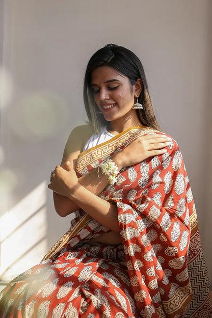 Princess in Red - Dabu Hand Block Print Mulmul Cotton Bagru Saree