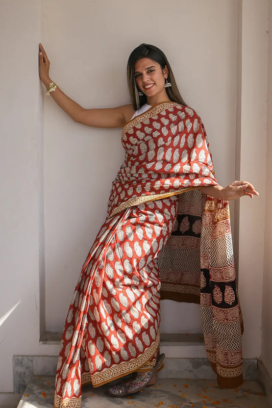Princess in Red - Dabu Hand Block  Saree