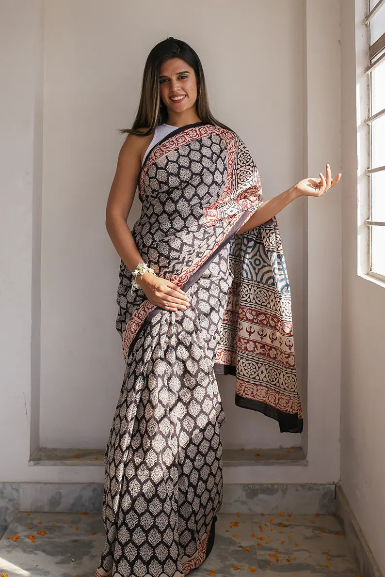 MyIndianBrand 'Avni' Cotton Saree with Brown & Black Bagru Block Prints