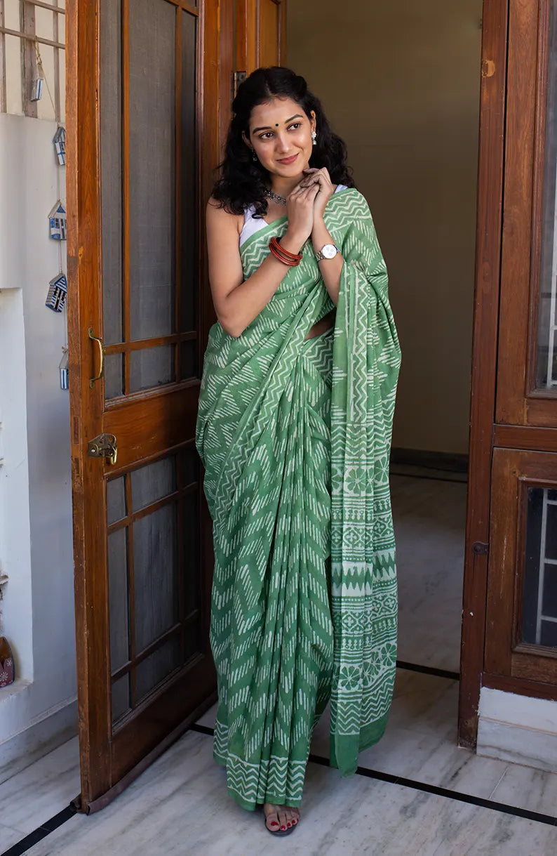 Strangers in Bangalore - Light Green Dabu Block Print Mulmul Cotton Saree