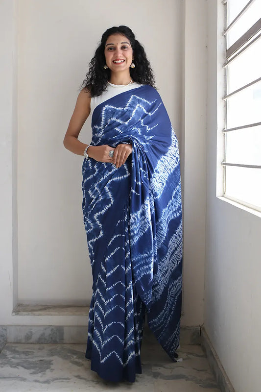 Blue Moon - Tie-Dye Mulmul Cotton Bagru Saree