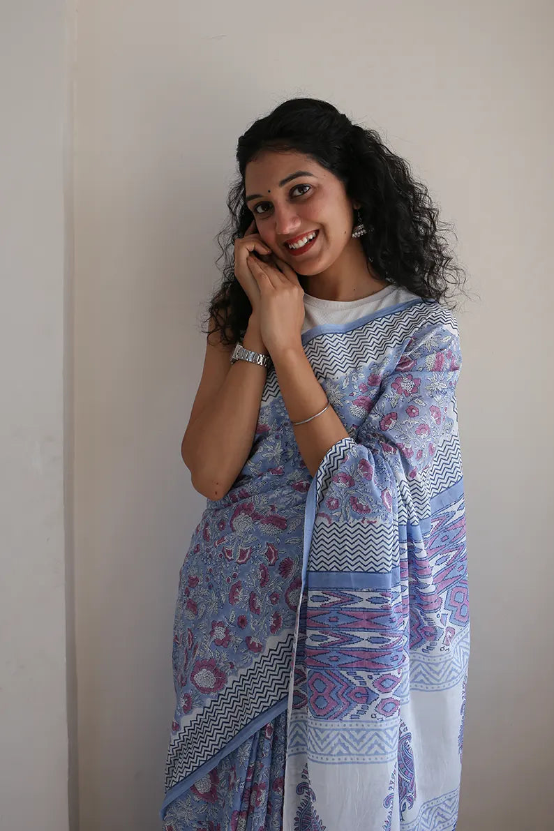 Beautiful Pure Soft Cotton Mul Mul Bagru Hand Block Printed Saree With Mulmul  Cotton Blouse - Multicolour | Cotton Saree With Blouse