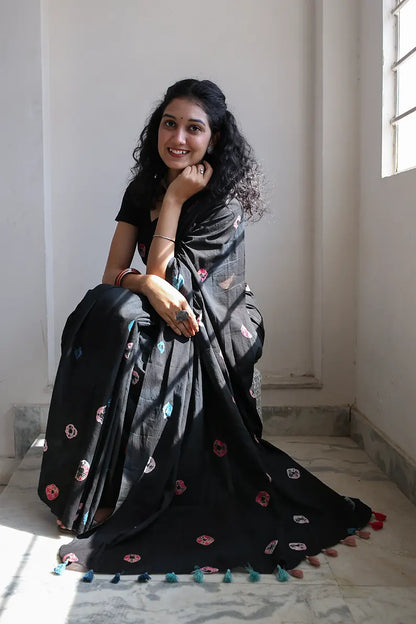 Rainbow Black - Tie-Dye Mulmul Cotton Bagru Saree