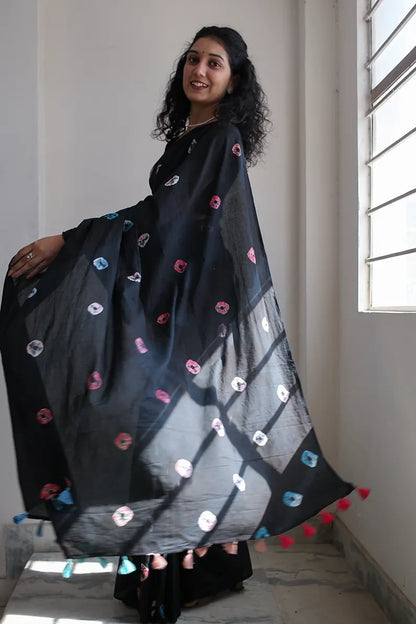 Rainbow Black - Tie-Dye Mulmul Cotton Bagru Saree