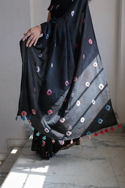 Rainbow Black - Tie-Dye Mulmul Cotton Bagru Saree