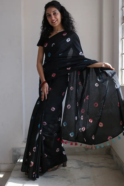 Rainbow Black - Tie-Dye Mulmul Cotton Bagru Saree