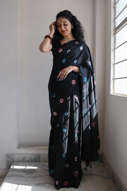 Rainbow Black - Tie-Dye Mulmul Cotton Bagru Saree