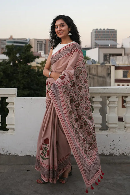 Old Rose - Hand Block Printed Mulmul Cotton Bagru Saree