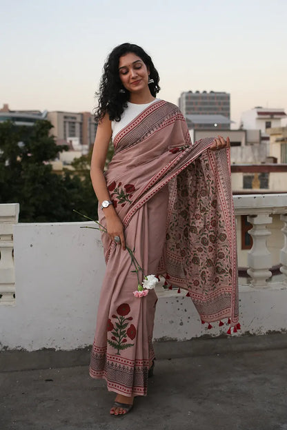 Old Rose - Hand Block Printed Mulmul Cotton Bagru Saree