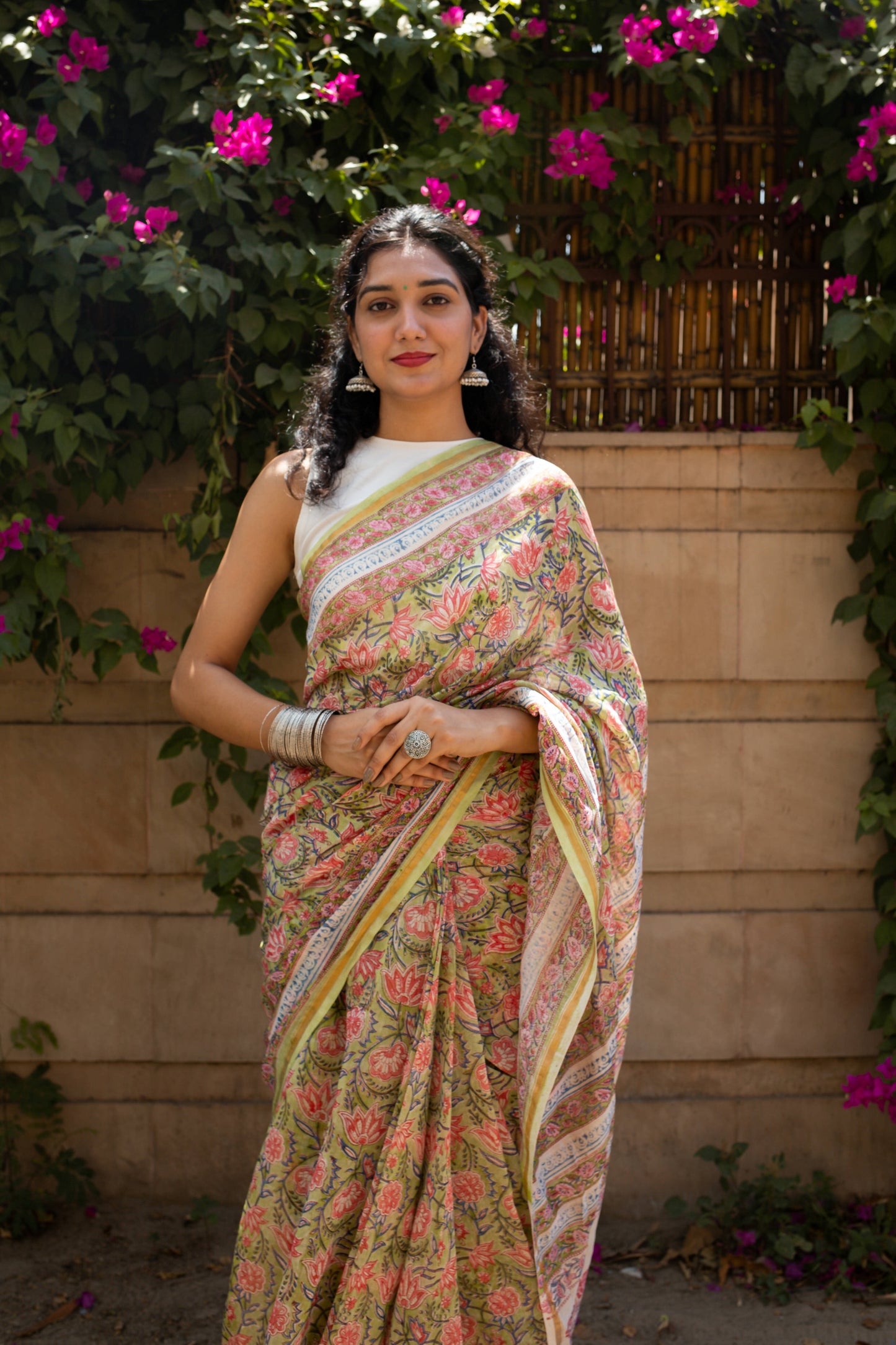 Tulip Garden - Light Green Hand Block Print Chanderi Silk Saree