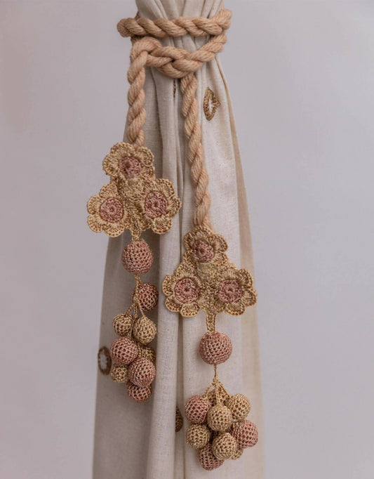 Crochet Curtain Tie Backs Pair Kono Beige Triple Flower & Beads