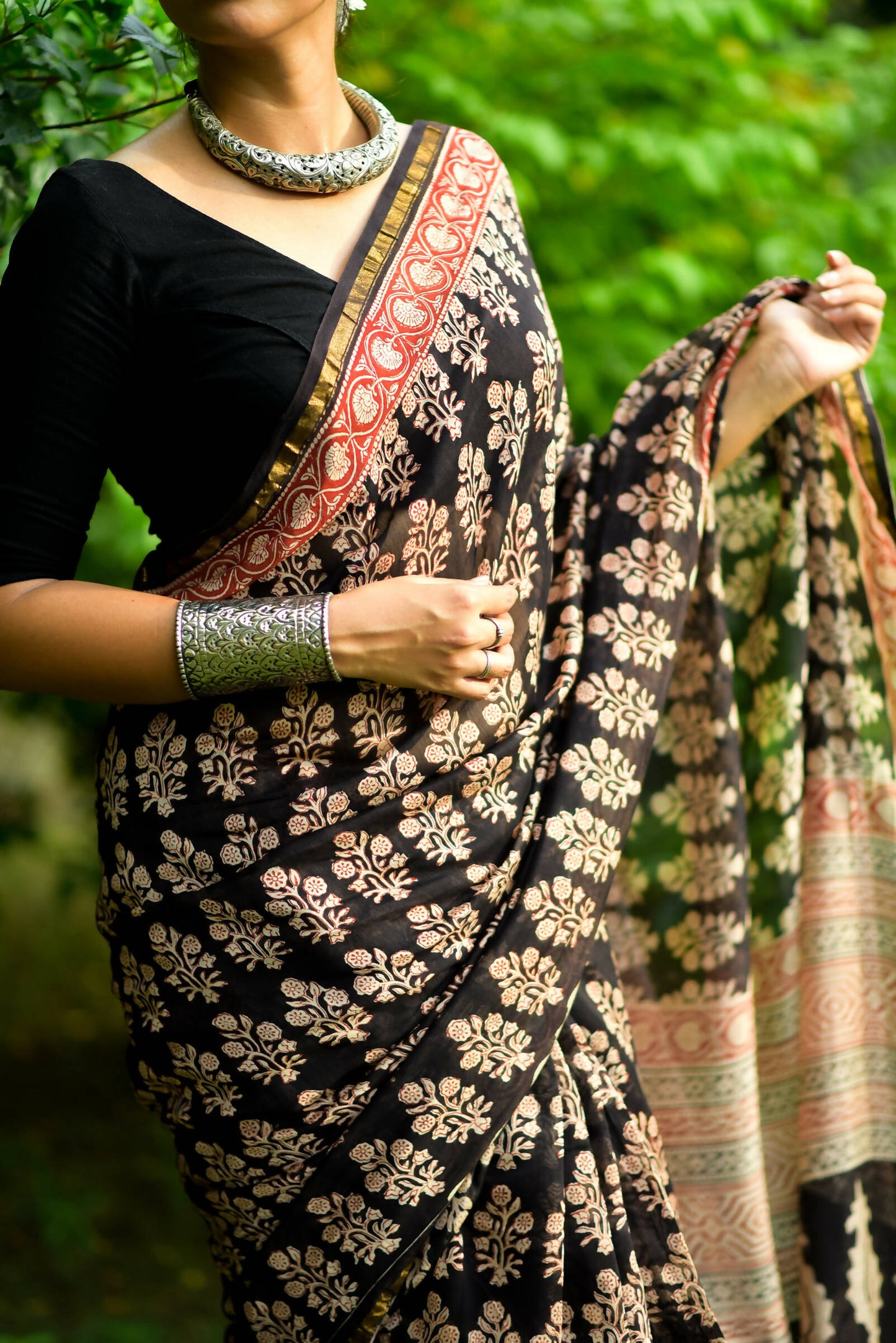 Night Blossom - Hand Block Print Chanderi Silk Saree