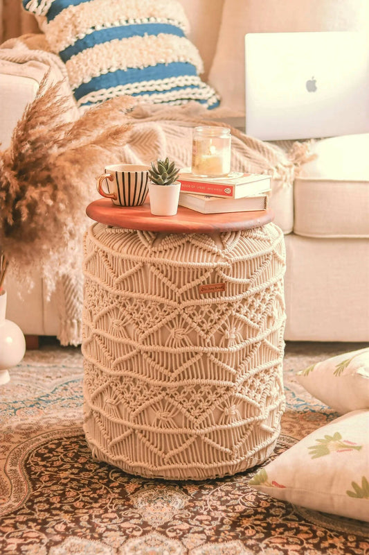 Hand knitted wooden Ottoman