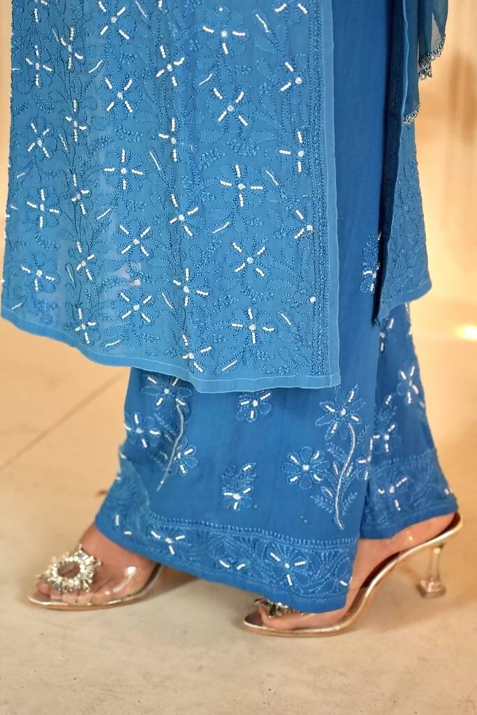 Blue Ombre Sia Chikankari And Pearl Work Kurti/Set