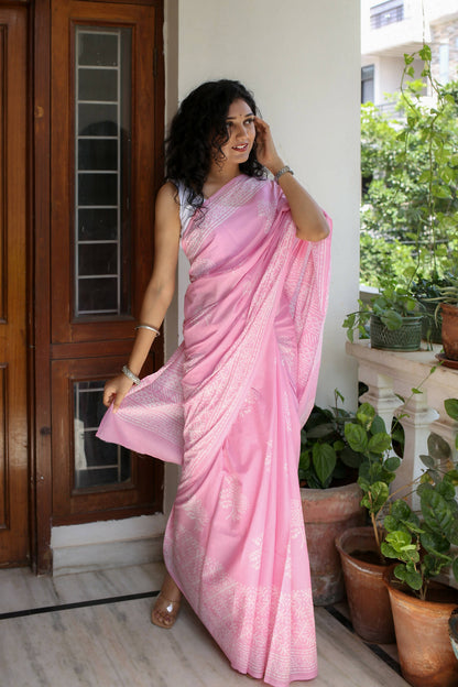 Pink Peony - Hand Block Print Mulmul Cotton Bagru Saree