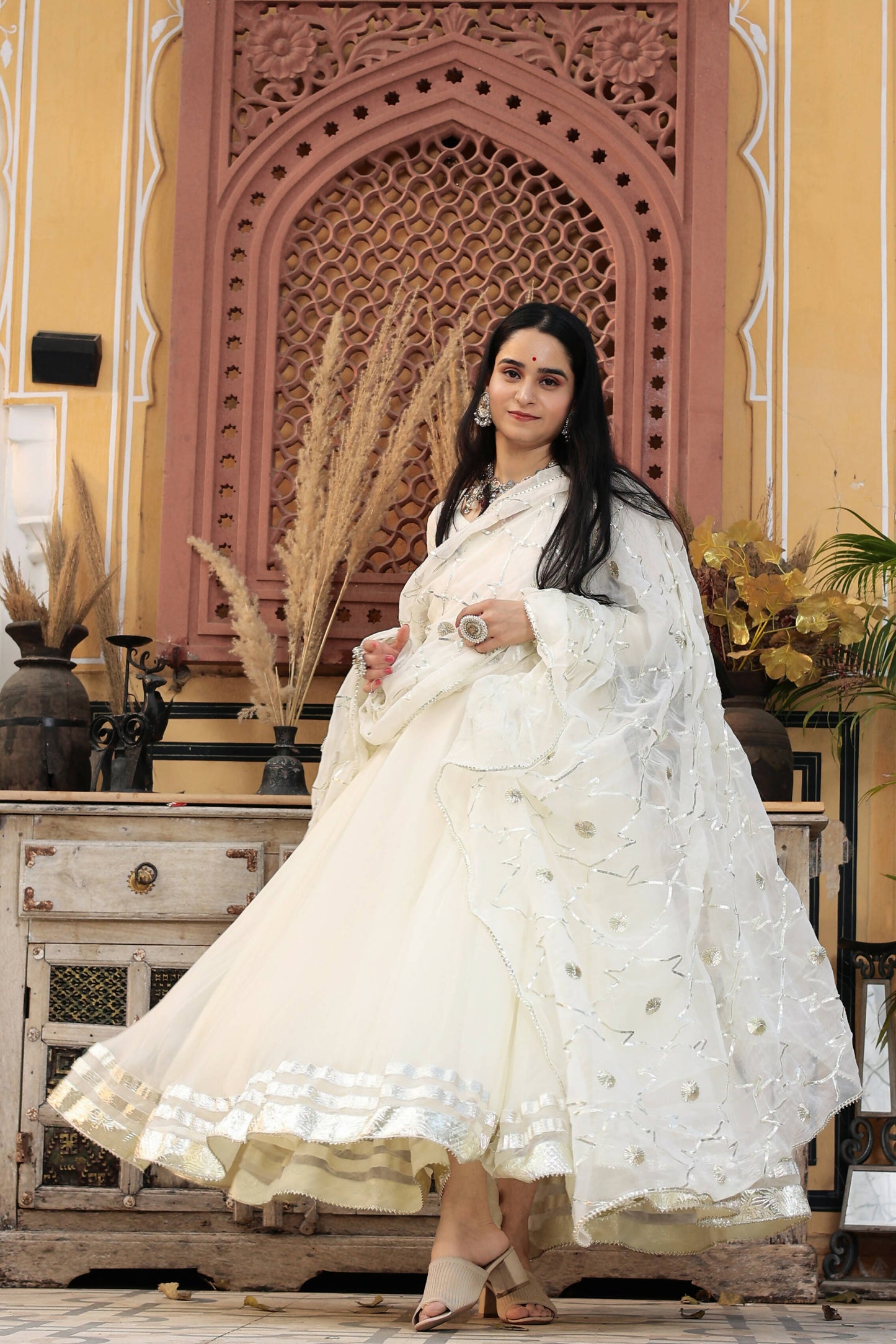 Vaniki Off White Chiffon Anarkali Set