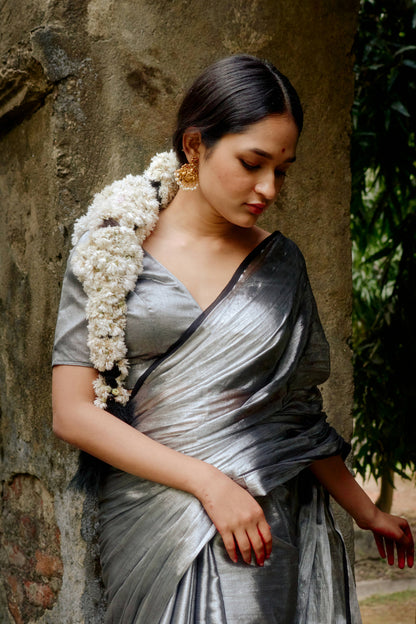 Ardhachandra Solid Silver Handloom Tissue Saree