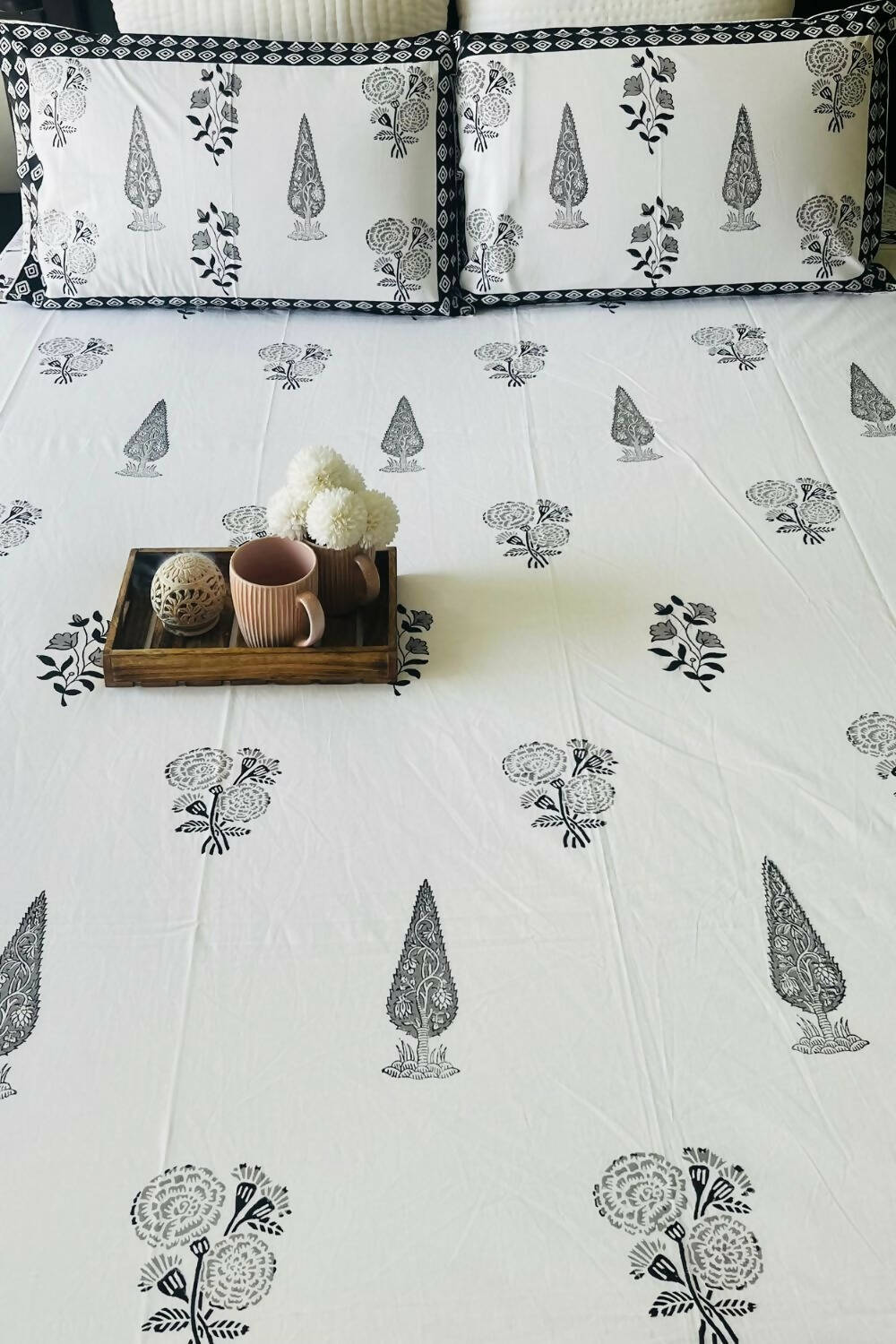 Black Cyprus Hand Block Printed Cotton Bedsheet - King Size