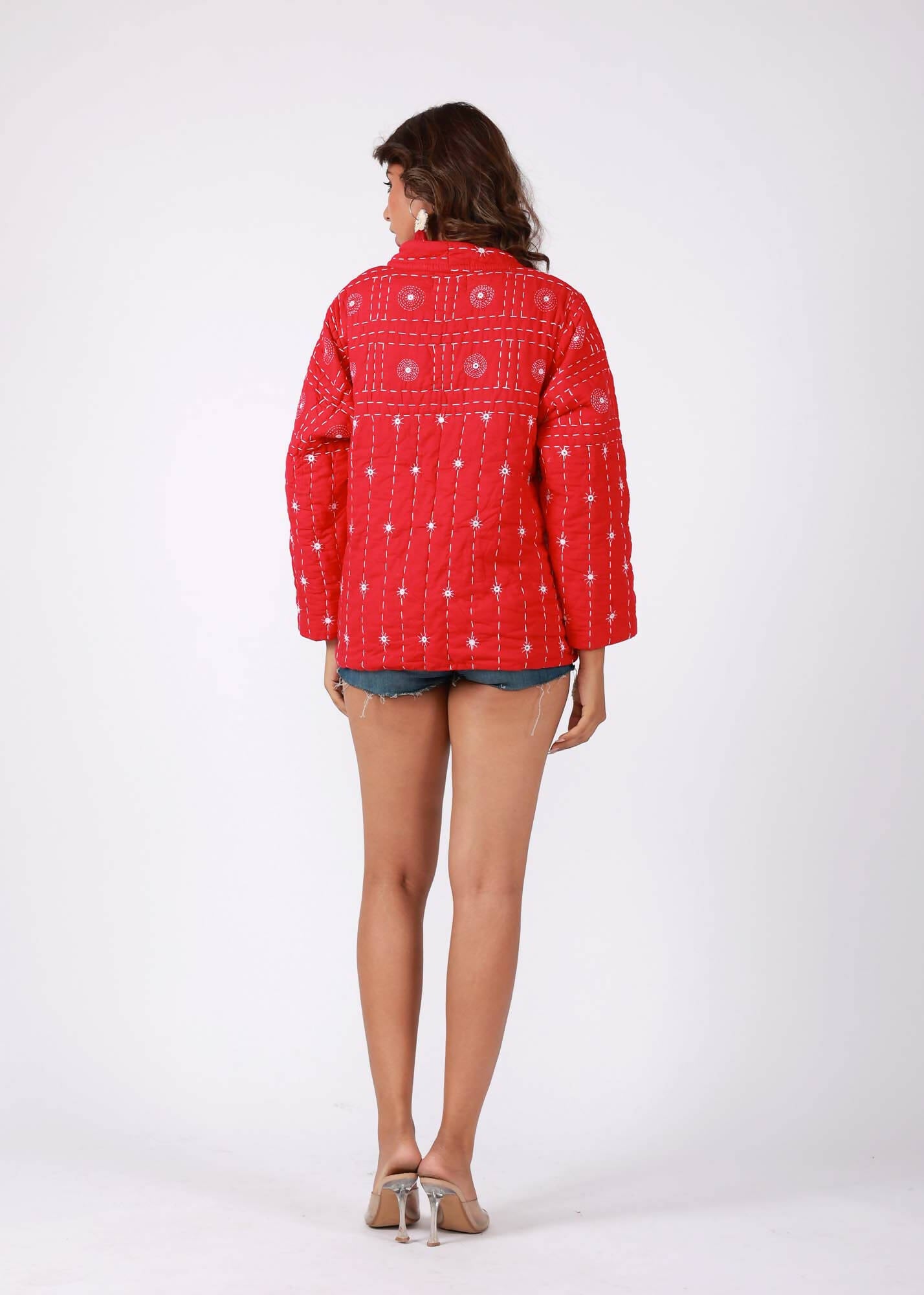 Red Hand Embroidered Thread Work Cotton Layered Jacket