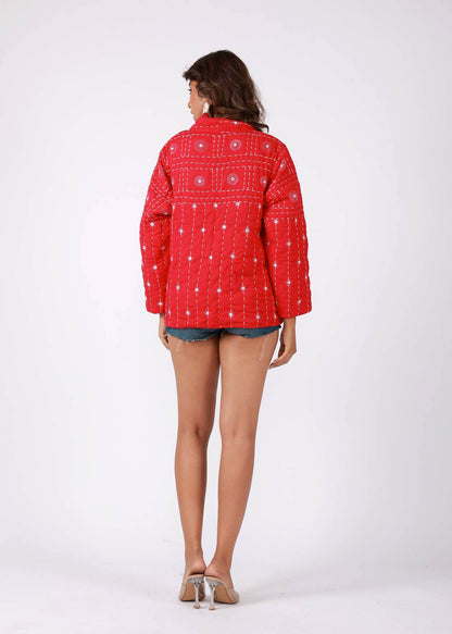 Red Hand Embroidered Thread Work Cotton Layered Jacket