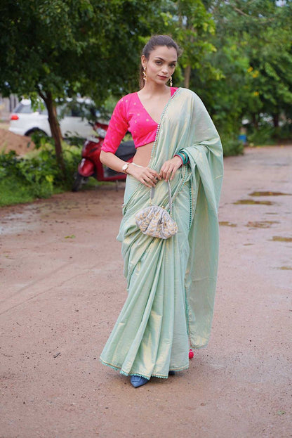 Mint Green Cotton Zari Saree