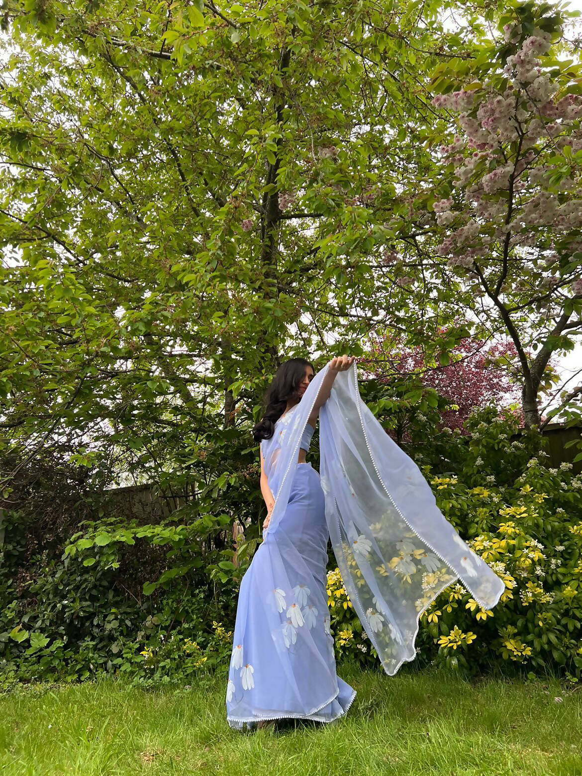 Ash Blue Half-Daisies Chiffon Saree