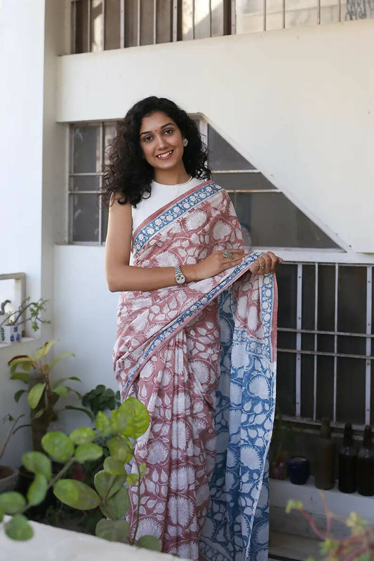 Sea Breeze - Hand Block Print Mulmul Cotton Bagru Saree