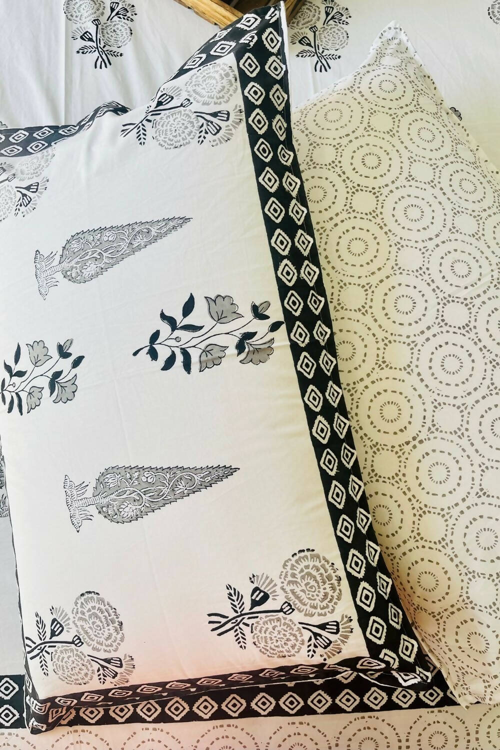 Black Cyprus Hand Block Printed Cotton Bedsheet - King Size