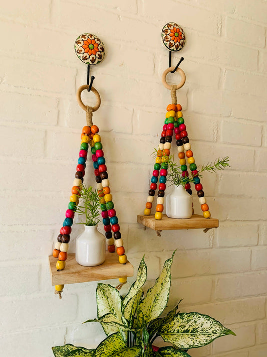 Colorful Beaded Mini Shelves With Ceramic Hooks And White Mini Ceramic Bottles