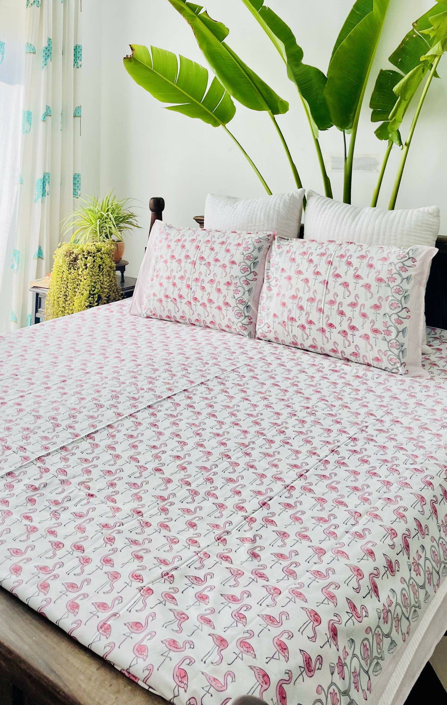 Flamingo Block Printed Cotton Bedsheet