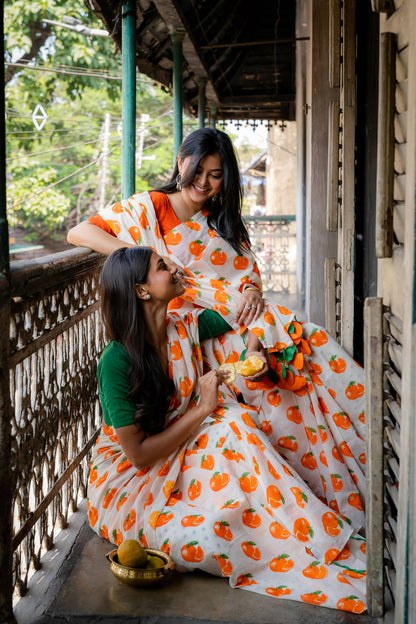 Orange White Printed Saree