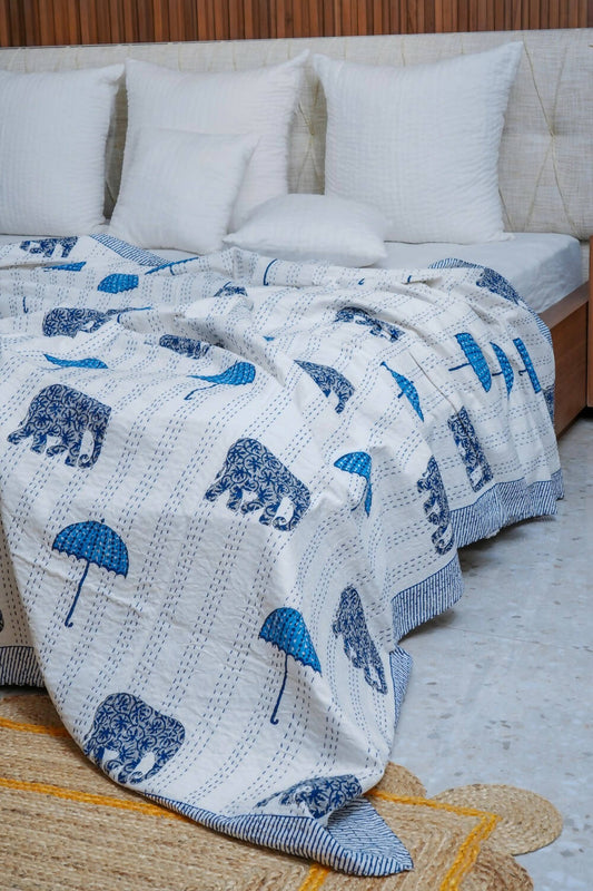 Blue Elephant Umbrella Block Printed Kantha Bedcover