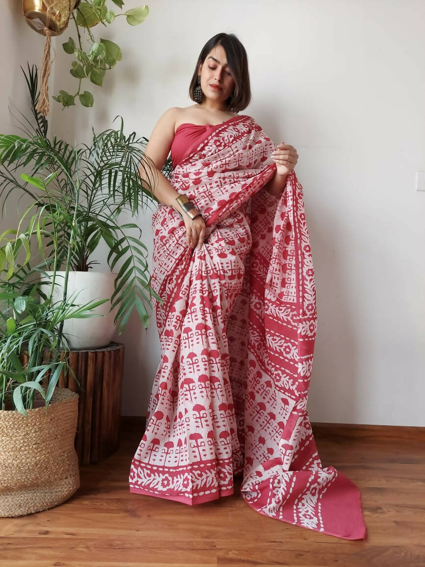 Pink Umbrella Cotton Pocket Saree