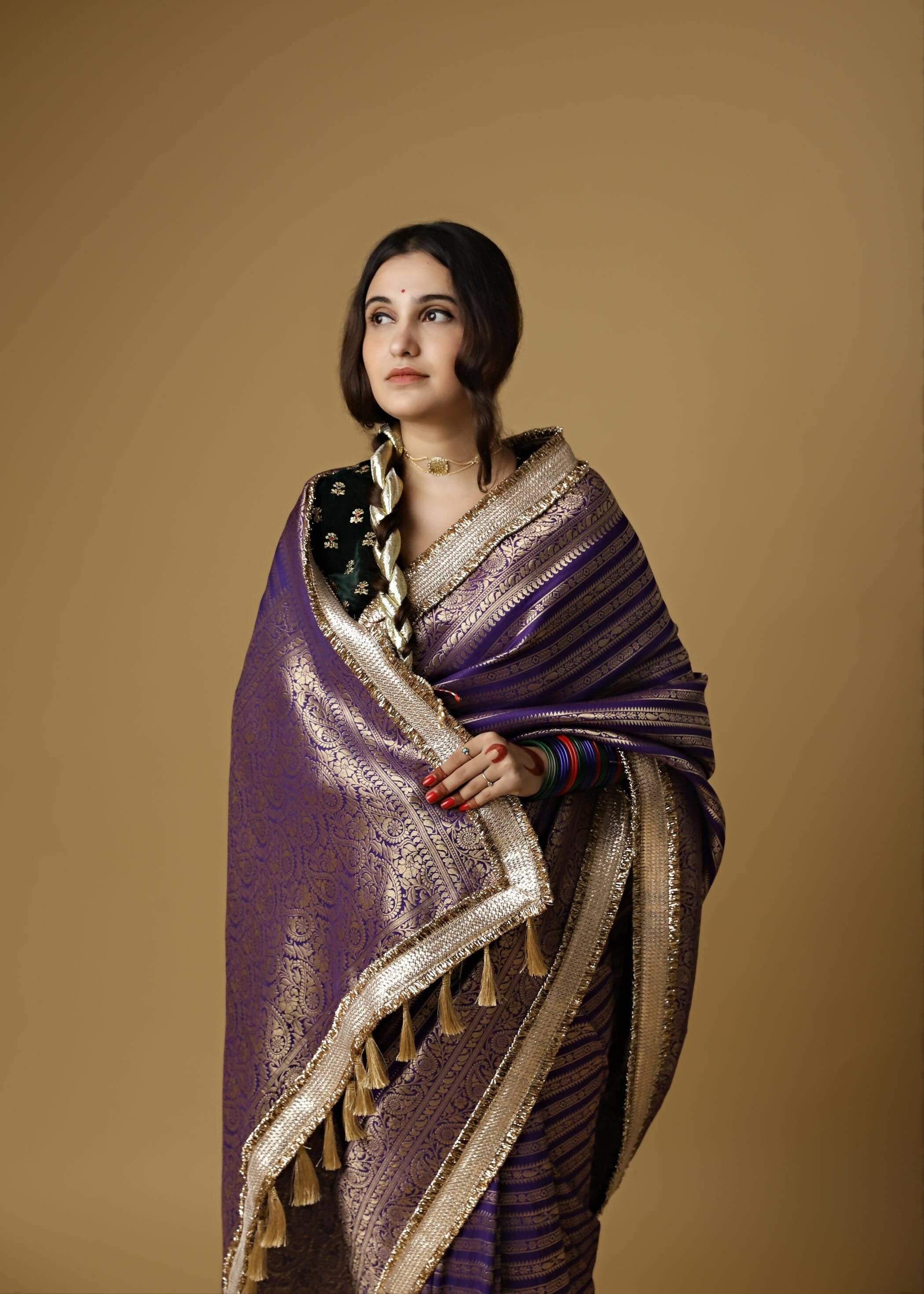 Purple Silk Saree with Gold Zari Border